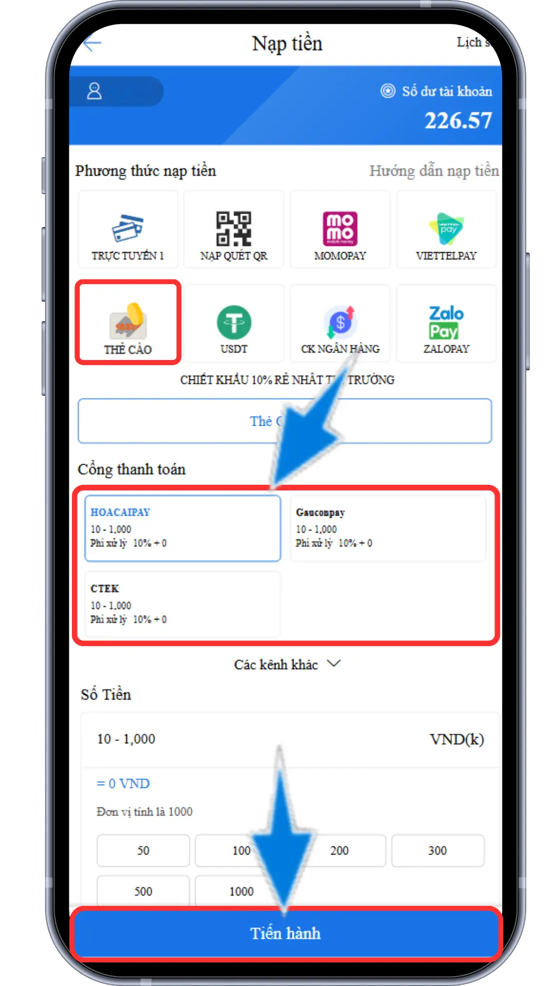 Bước 2: Chọn mục "THẺ CÀO" - Chọn 1 cổng nạp đang hiển thị - Điền số điểm muốn nạp => Ấn tiến hành